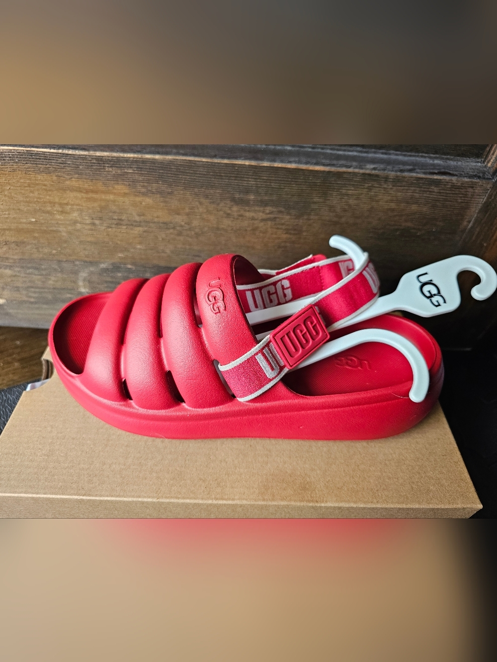 UGG Red Padded Slide Sandals with Branded Elastic Strap